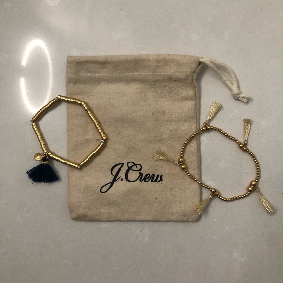 J. Crew Tasseled Gold Bracelet Set Stretch Navy and Gold Tassel with dust bag - Picture 2 of 7